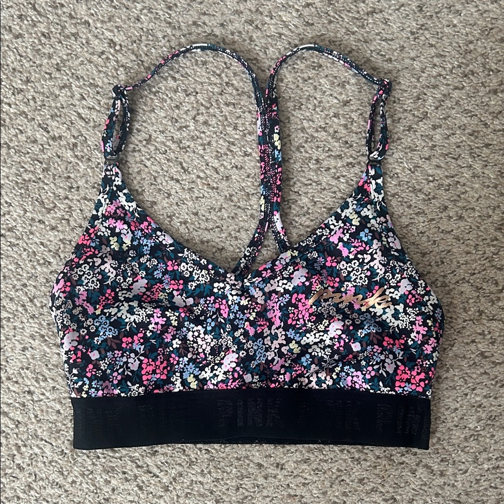 PINK Floral Print Sports Bra - Black and Pink